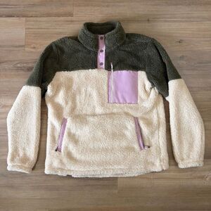 Roxy Women’s Alabama WarmFlight Sherpa Pullover Green Pink Fleece Jacket Size XL